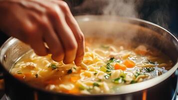 Close-up of hands stirring hot chicken noodle soup. photo