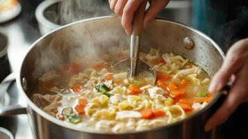 Hands stirring hot chicken noodle soup in a large pot. photo