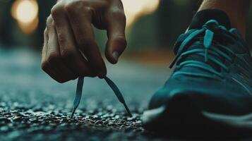 Close-up view of tying shoelaces on asphalt. photo