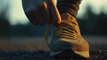 Close-up of person tying running shoes laces. photo