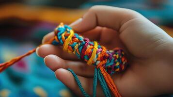 Close-up view of colorful threads held by a hand. photo