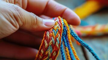 Close-up view of a colorful woven cord held by a hand. photo