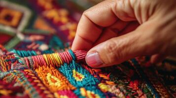Close-up view of a hand working on colorful embroidered textile. photo