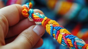 Closeup of colorful braided cord being held by a hand. photo