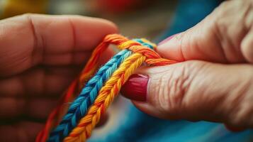 Close-up view of hands braiding colorful threads. photo