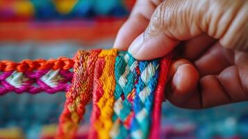 Close-up view of a hand holding colorful braided threads. photo