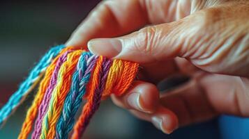 Close-up view of hands working with colorful threads. photo