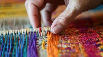 Close-up view of hands working on vibrant colorful textile. photo