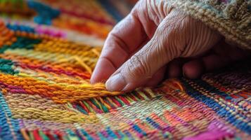 Close-up view of a hand examining colorful woven fabric. photo