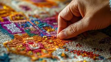 Close-up view of a hand meticulously working on vibrant textile art. photo