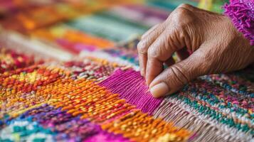Close-up of hands working on a vibrant textile craft. photo