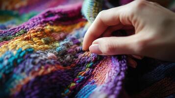 Colorful patchwork textile being meticulously examined by a hand. photo