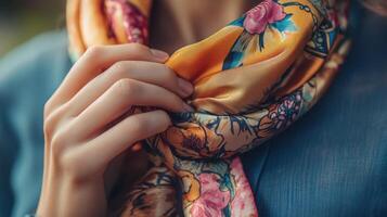 Close-up of a woman's hands adjusting a patterned silk scarf. photo