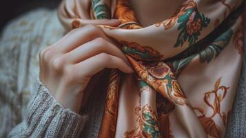 Close-up view of a person tying a patterned silk scarf. photo
