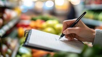 Person taking notes in a grocery store. photo