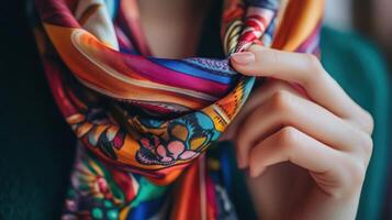 Close-up view of a colorful silk scarf being held. photo