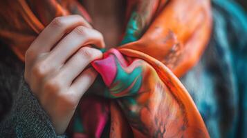 Close-up view of hands adjusting a patterned silk scarf. photo