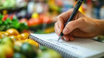 Close-up of a person writing in a notebook near fresh produce. photo