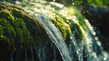 Close-up view of cascading water over mossy rocks. photo