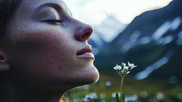 Close-up portrait of a serene woman in nature. photo