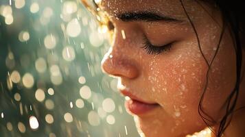 Close-up profile view of a woman's face wet with raindrops. photo