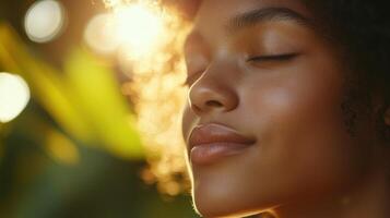 Close-up portrait of a woman's serene facial features. photo