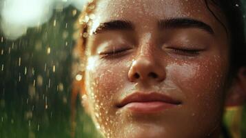 Close-up of a person's face, wet with rain drops. photo