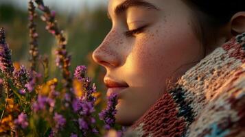 Close-up portrait of a young woman enjoying wildflowers. photo