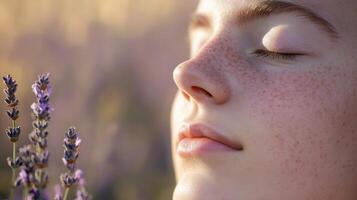 Close-up of a young person's serene face bathed in soft sunlight, next to lavender. photo