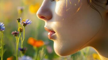 Close-up profile view of a young person surrounded by wildflowers. photo