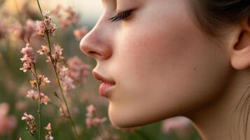 Close-up profile view of a young woman smelling delicate blossoms. photo