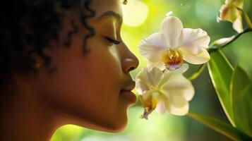 Close-up profile of a person smelling a blossom. photo