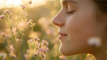 A tranquil profile of a young person amidst wildflowers. photo