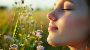 Close-up of a serene young person in a meadow. photo