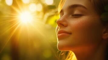 Close-up profile view of a serene young person bathed in golden sunlight. photo