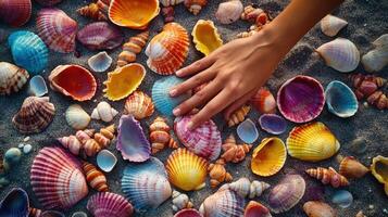 Colorful seashells on sand touched by a hand. photo