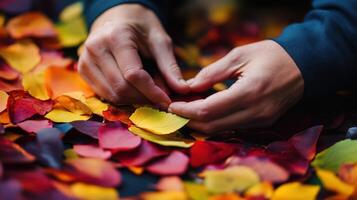 Close-up of hands arranging vibrant autumn leaves. photo