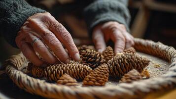 Aged hands carefully arrange dried pine cones in a woven basket. photo