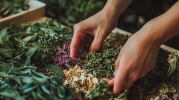 Hands carefully sorting dried herbs in wooden trays. photo
