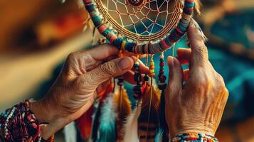 Hands crafting a colorful dream catcher. photo