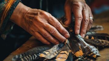 Close-up view of hands working with colorful feathers. photo
