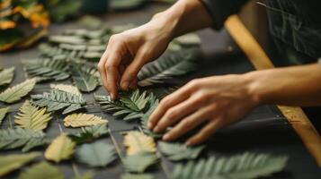 Close-up view of hands arranging autumnal leaves on a dark surface. photo