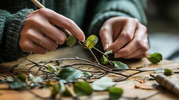Close-up view of hands arranging nature elements on a wooden surface. photo