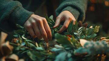 Closeup of hands creating a festive wreath. photo