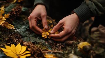 Close-up view of hands arranging decorative flowers and foliage. photo