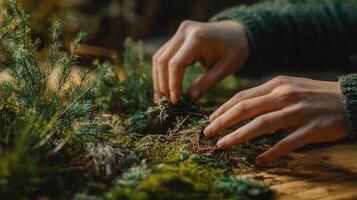 Close-up view of hands arranging a moss and greenery display. photo