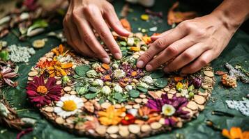 Hands crafting a colorful, nature-inspired mosaic artwork. photo