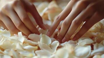 Close-up view of hands gently arranging delicate rose petals. photo