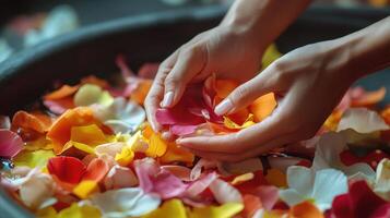 A woman's hands gently working with colorful flower petals in water. photo