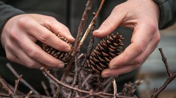 Close-up view of hands holding pine cones on branches. photo